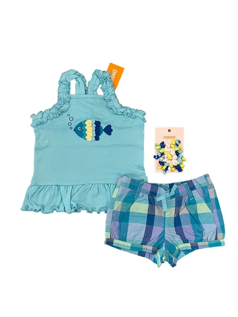 NWT Gymboree Girls Fish Peplum Tank Top, Plaid Bubble Shorts & Clips - 12-18M